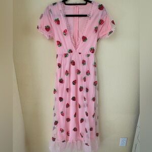 Pink Strawberry Embroidered Maxi Dress